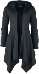 Black hooded cardigan with lacing and flared sleeves