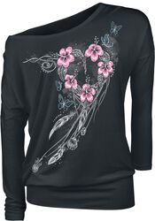 Black Long-Sleeve Top with Print and Crew Neckline, Full Volume by EMP, Maglia Maniche Lunghe