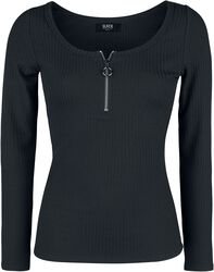 Black Long-Sleeve Top with Zip at Neckline, Black Premium by EMP, Maglia Maniche Lunghe