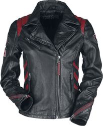 Black/Red Leather Jacket in Biker Style with Patches, Rock Rebel by EMP, Giacca di pelle