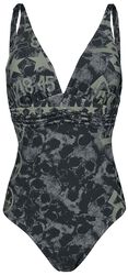Black Swimsuit with Skull Pattern and Prints, Rock Rebel by EMP, Costume da bagno