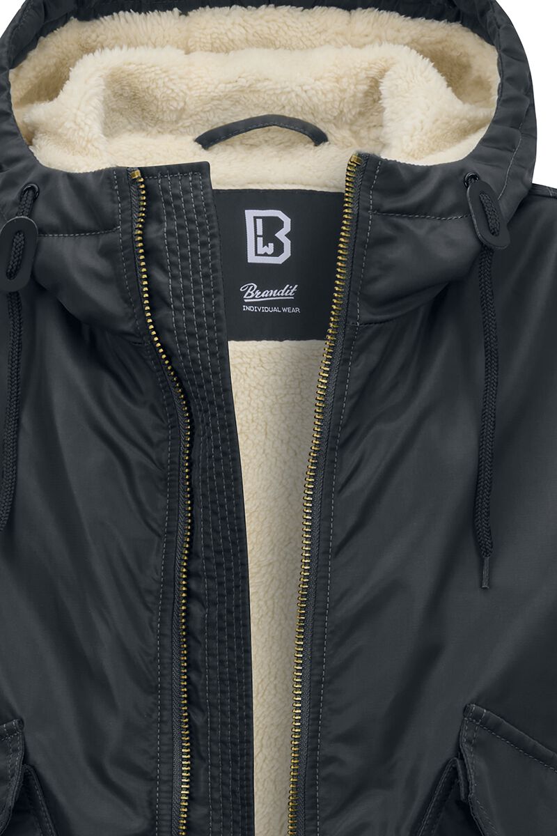 Brandit CWU Hooded - Giacca Di Mezza Stagione Uomo, Nero, Impermeabile, Antivento, Con Cappuccio E Pelliccia Interna