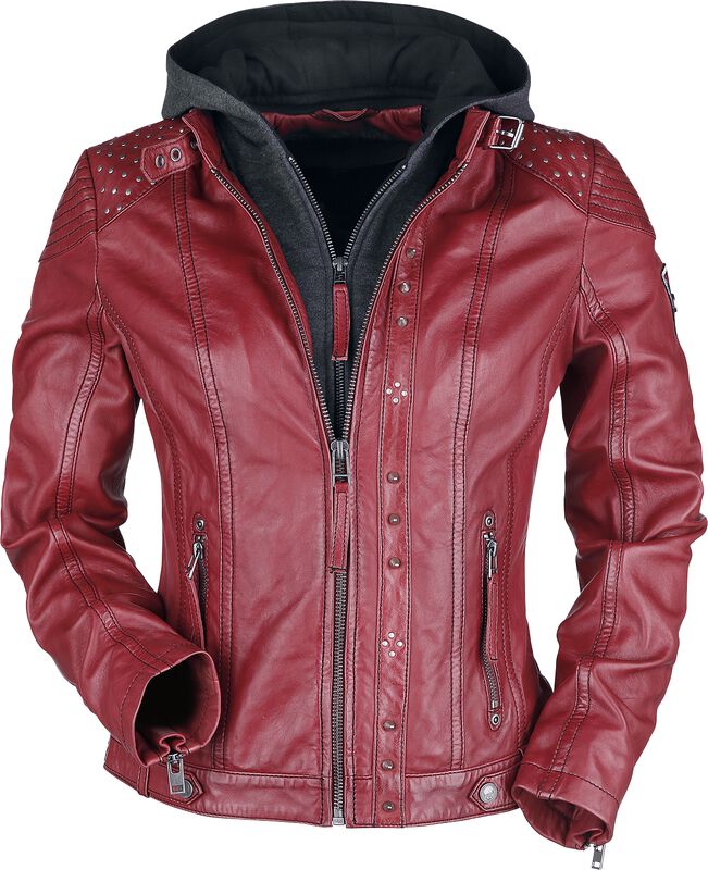 Red Leather Jacket with Grey Hood and Studs