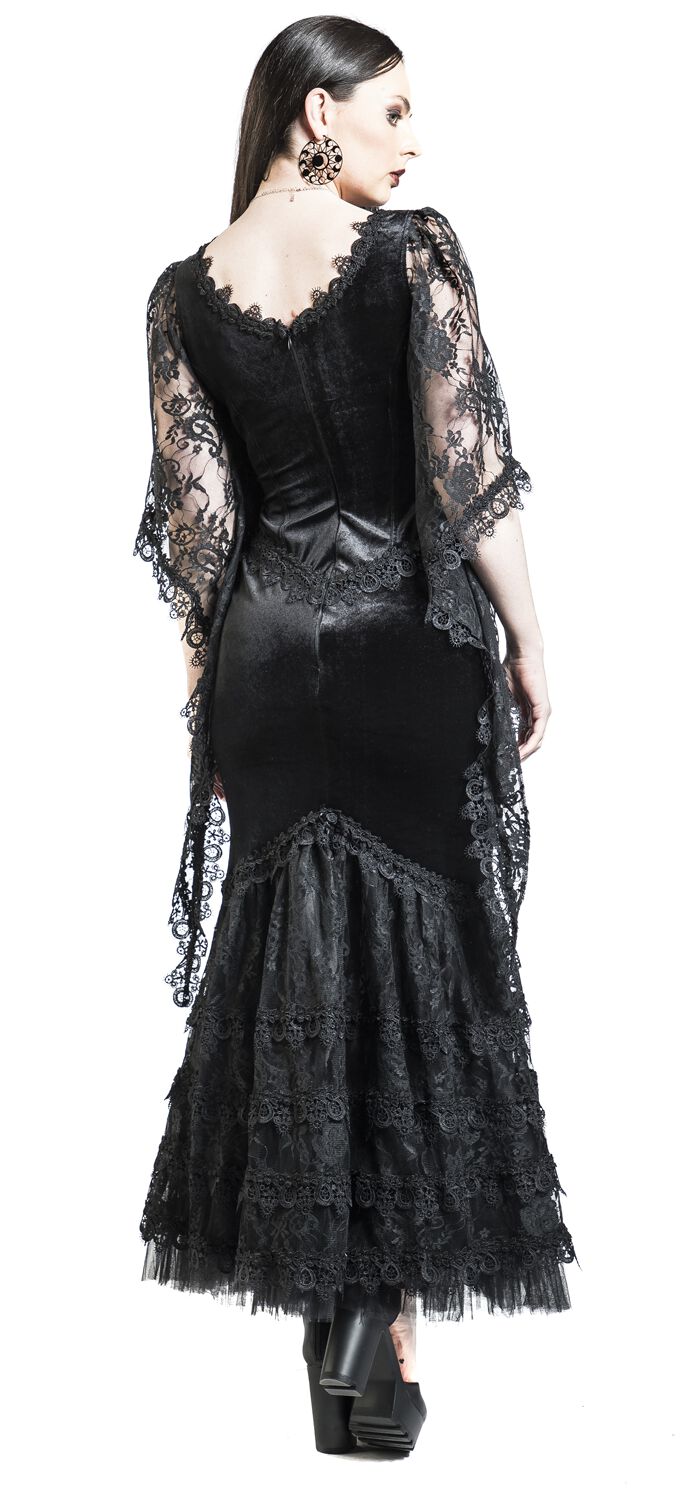 Abito Lungo Nero Gothicana By EMP Donna - In Viscosa Elastan, Morbido, Con Stampa Rose E Teschi