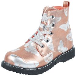 Pink Metallic-Look Lace-Up Boots with Butterflies, Full Volume by EMP, Stivali ragazzi