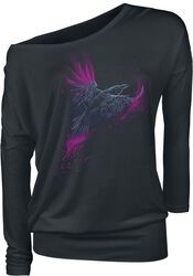 Black Long-Sleeve Top with Print and Crew Neckline