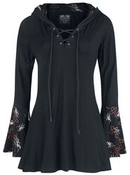 Gothicana X Anne Stokes - Black Long-Sleeve Top with Lacing, Print and Large Hood, Gothicana by EMP, Maglia Maniche Lunghe