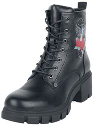Black lace-up boots with rose print and rhinestones, Rock Rebel by EMP, Stivali