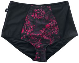 Black High-Waist Bikini Bottoms with Skull & Roses Motif, Black Premium by EMP, Slip bikini