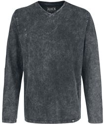 Long-Sleeve Shirt with V-Neckline and Wash, Black Premium by EMP, Maglia Maniche Lunghe