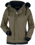 Olive-Green Jacket with Faux Fur Collar and Hood, Black Premium by EMP, Giacca invernale