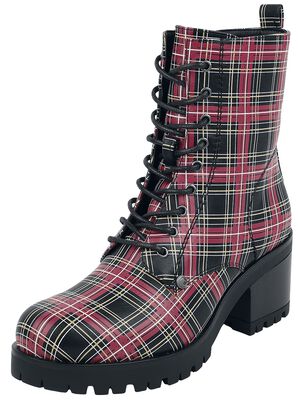 Black Lace-Up Boots with Checked Pattern and Heel