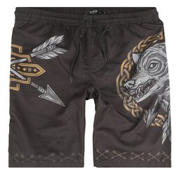 Swim Shorts With Arrow and Wolf Print, Black Premium by EMP, Bermuda