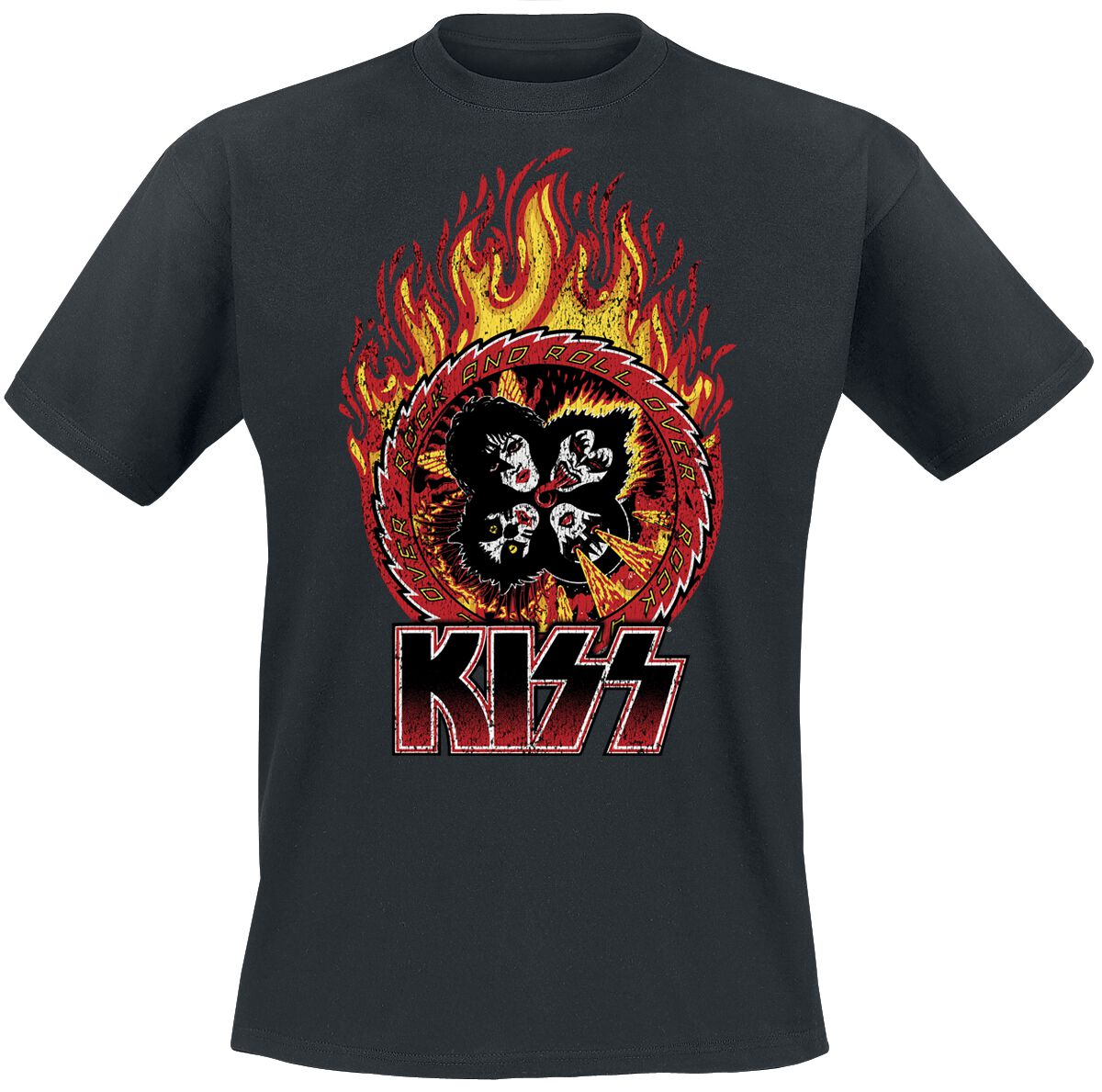 Rock And Roll Over Flames Kiss T-Shirt EMP