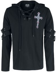 Gothicana X Anne Stokes - Black Long-Sleeve Shirt with Print and Lacing, Gothicana by EMP, Maglia Maniche Lunghe