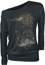 Black Long-Sleeve Shirt with Crew Neckline and Print, Gothicana by EMP, Maglia Maniche Lunghe
