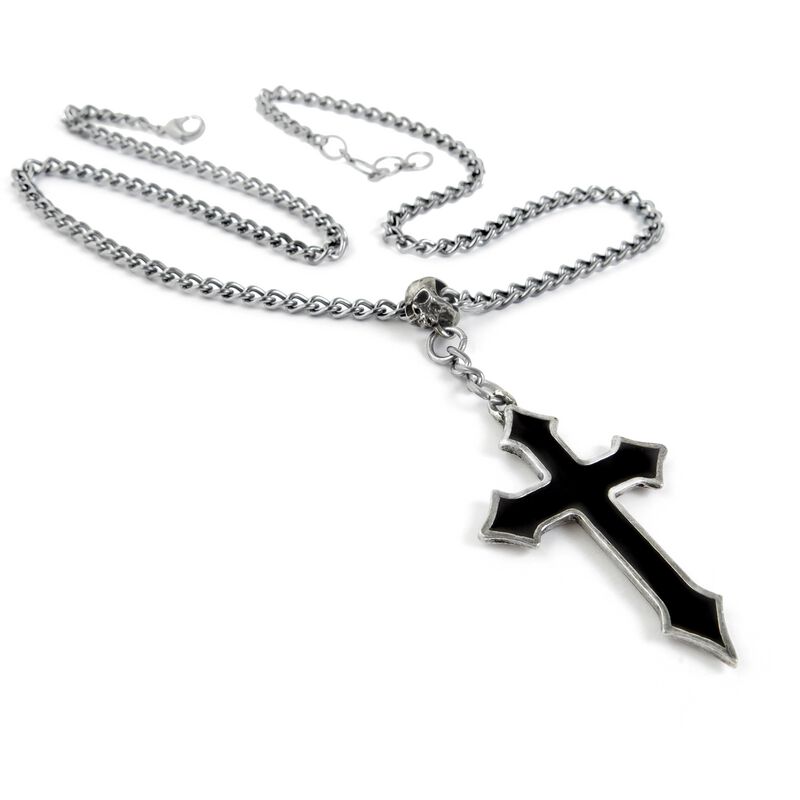 Collana Alchemy Gothic Croce Di Cavaliere Con Teschio - Argento, Smalto Nero, Lunghezza Regolabile