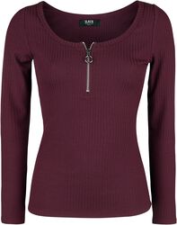 Burgundy Long-Sleeve Shirt with Zip at Neckline, Black Premium by EMP, Maglia Maniche Lunghe