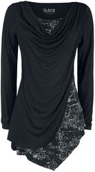 Black Long-Sleeve Shirt with Waterfall Neckline and Print