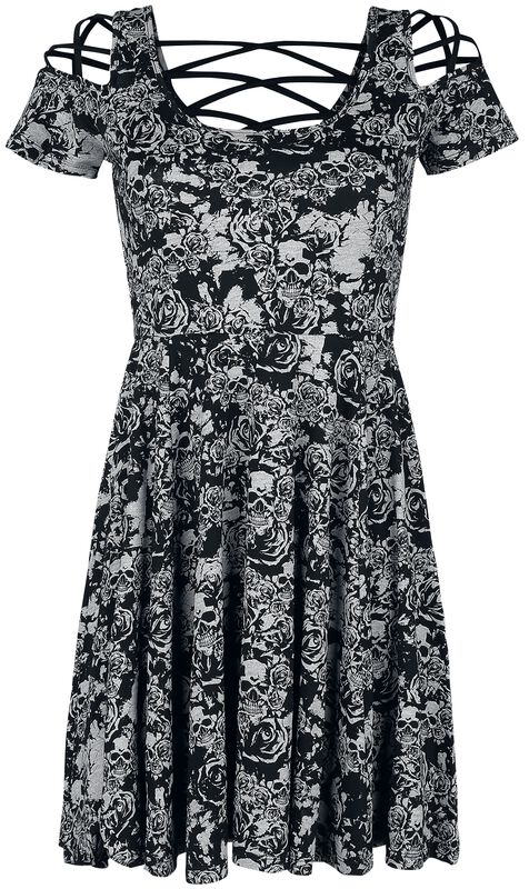 Dress with Decorative Lacing and Skull and Roses Print