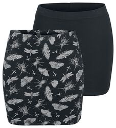 Double Pack of Black Skirts in Block Colour and with Print, Gothicana by EMP, Minigonna