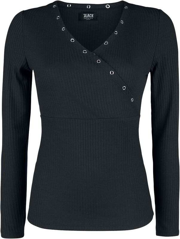 Black Long-Sleeve Shirt with Eyelets and V-Neckline