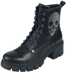 Black Lace-Up Boots with Rhinestone Skull, Rock Rebel by EMP, Stivali